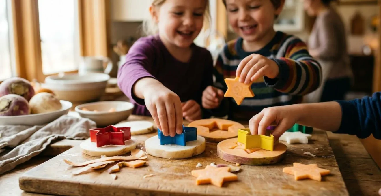 Mains d'enfants découpant des navets en formes étoilées avec des emporte-pièces colorés