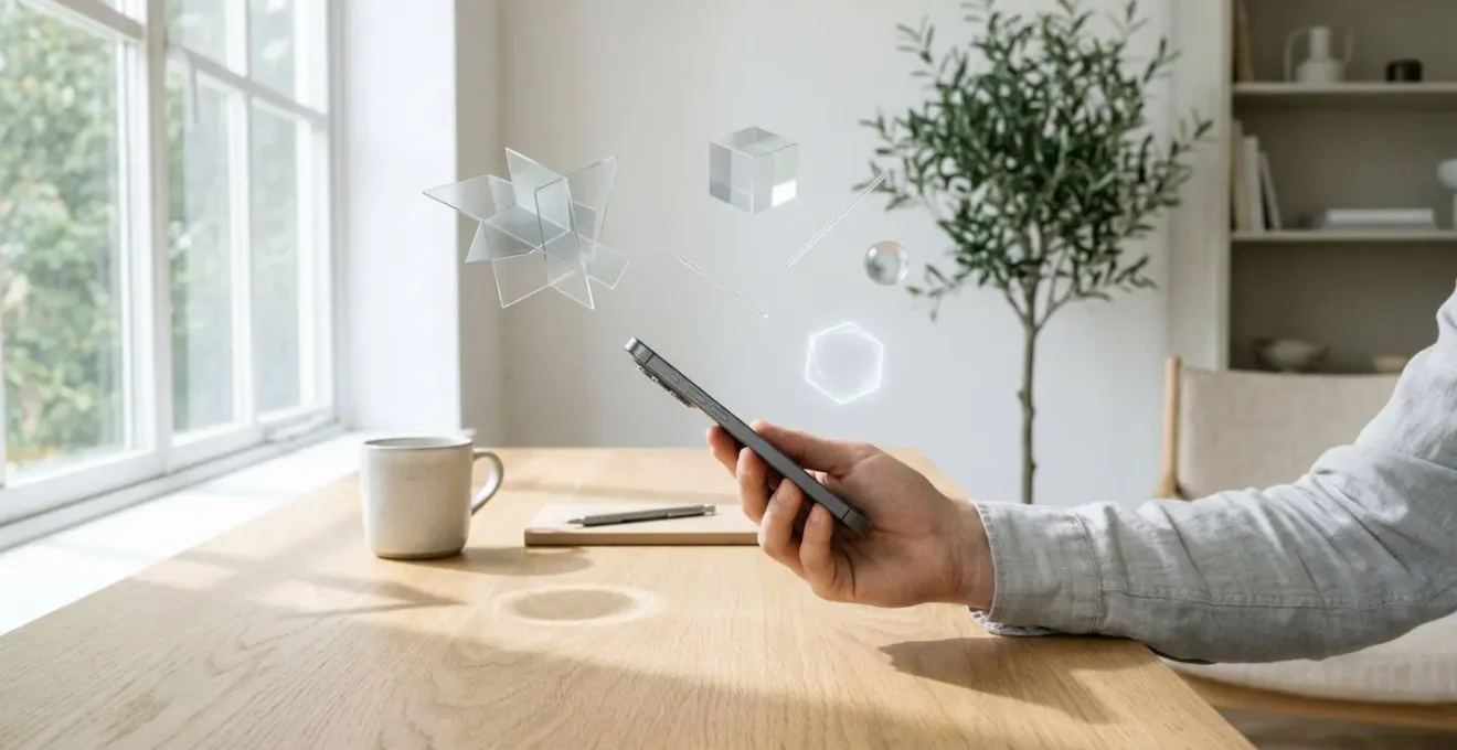 Main tenant un smartphone montrant une expérience AR fluide avec guidage visuel intuitif