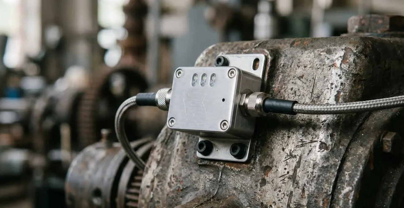 Vue macro détaillée d'un capteur IoT moderne installé sur une machine industrielle