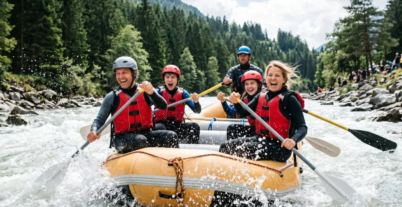 Famille avec adolescents dans un raft sur une rivière alpine, tous souriants et pagayant ensemble