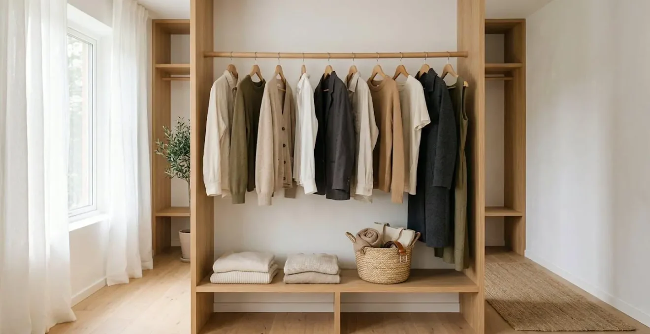 Garde-robe épurée avec vêtements durables soigneusement organisés