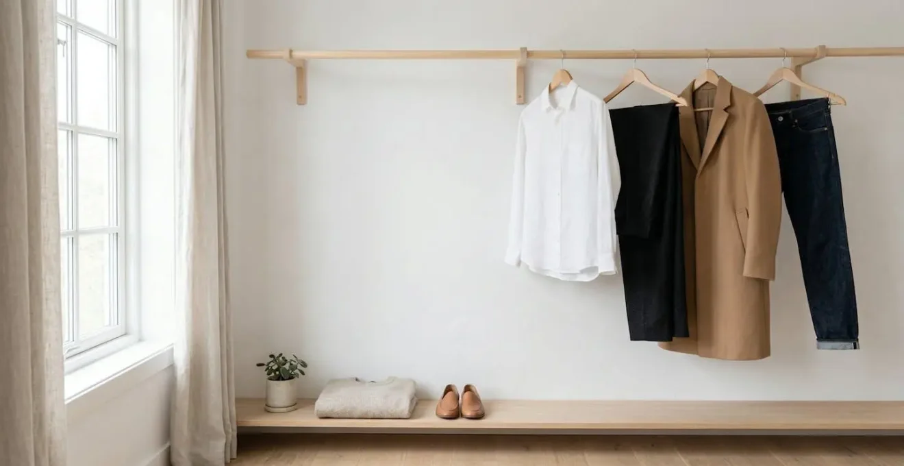 Garde-robe épurée avec des vêtements basiques intemporels, symbole d'un capital stylistique durable.