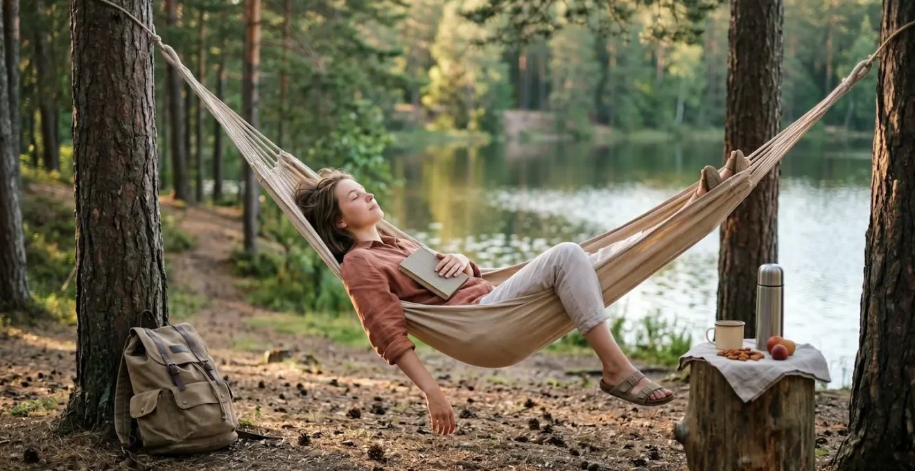 Personne allongée dans un hamac entre deux arbres, livre posé sur le ventre, vue sur un lac paisible