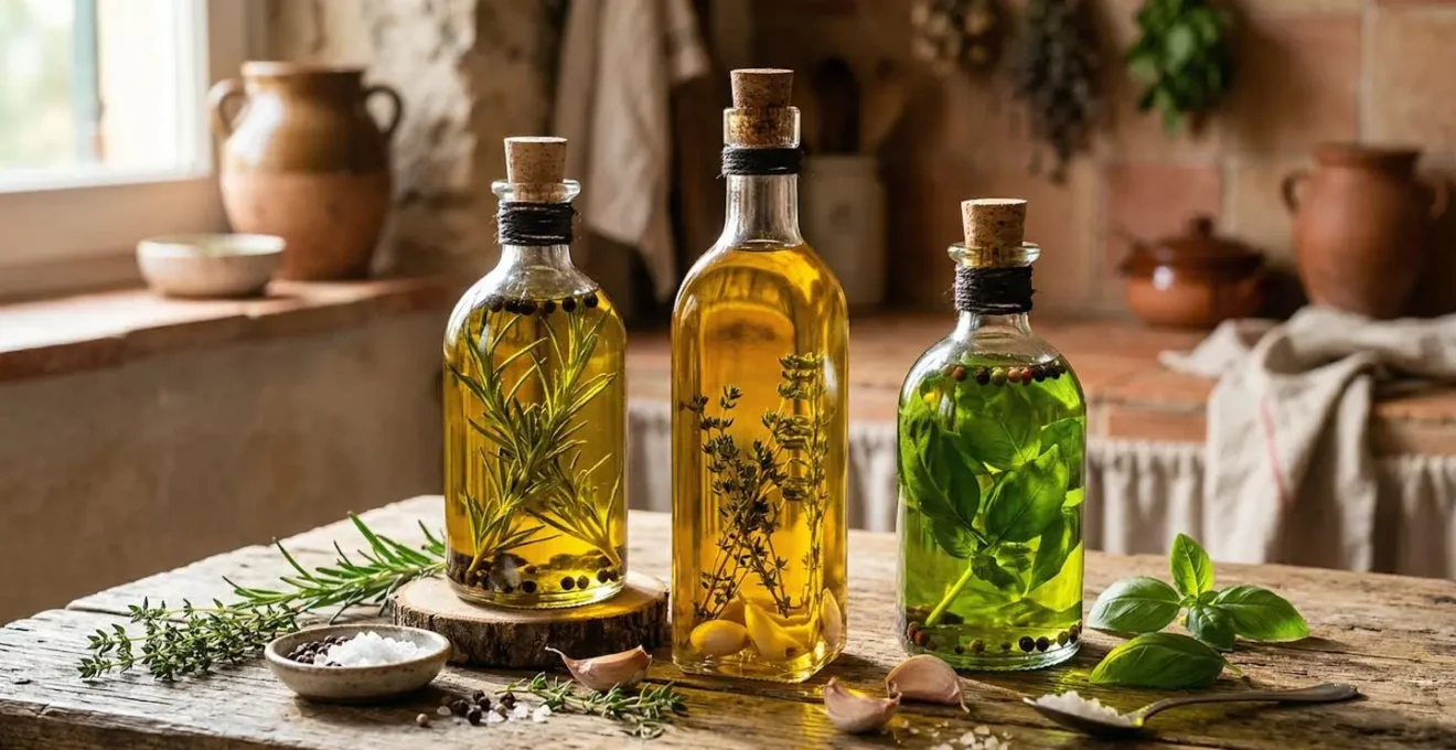 Bouteilles d'huiles aromatisées aux herbes avec branches de romarin et gousses d'ail