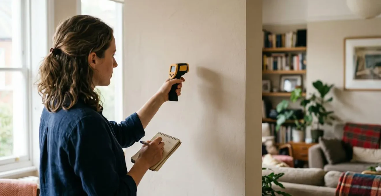 Personne utilisant un thermomètre infrarouge pour scanner un mur intérieur