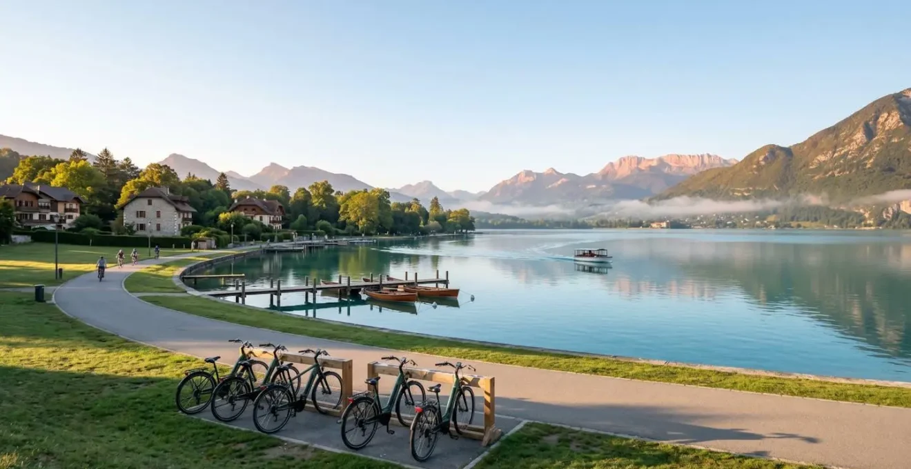Vue matinale paisible du lac d'Annecy avec cyclistes sur la piste cyclable et bateau-navette, montagnes en arrière-plan