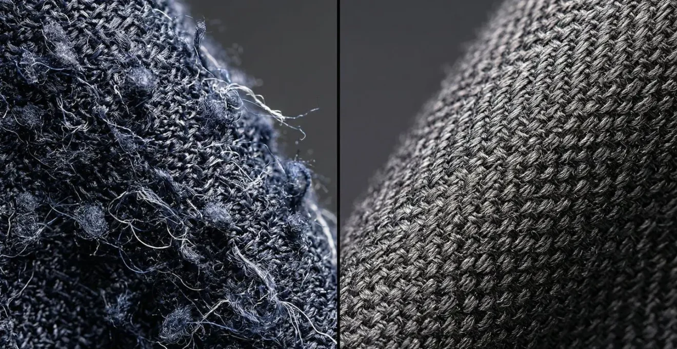 Comparaison macro de la texture d'un tissu synthétique de mauvaise qualité et d'un tissu naturel de haute qualité.