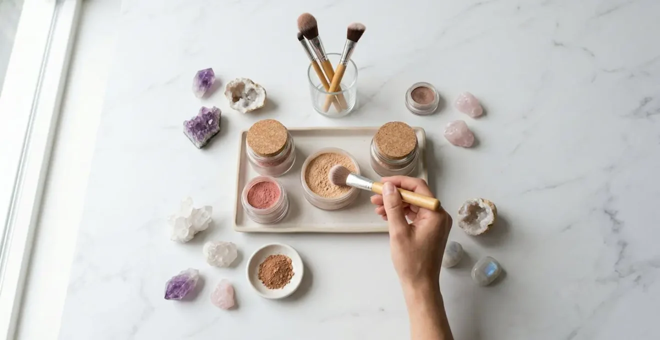 Application de maquillage minéral avec un pinceau propre, illustrant une approche de maquillage saine pour la peau.