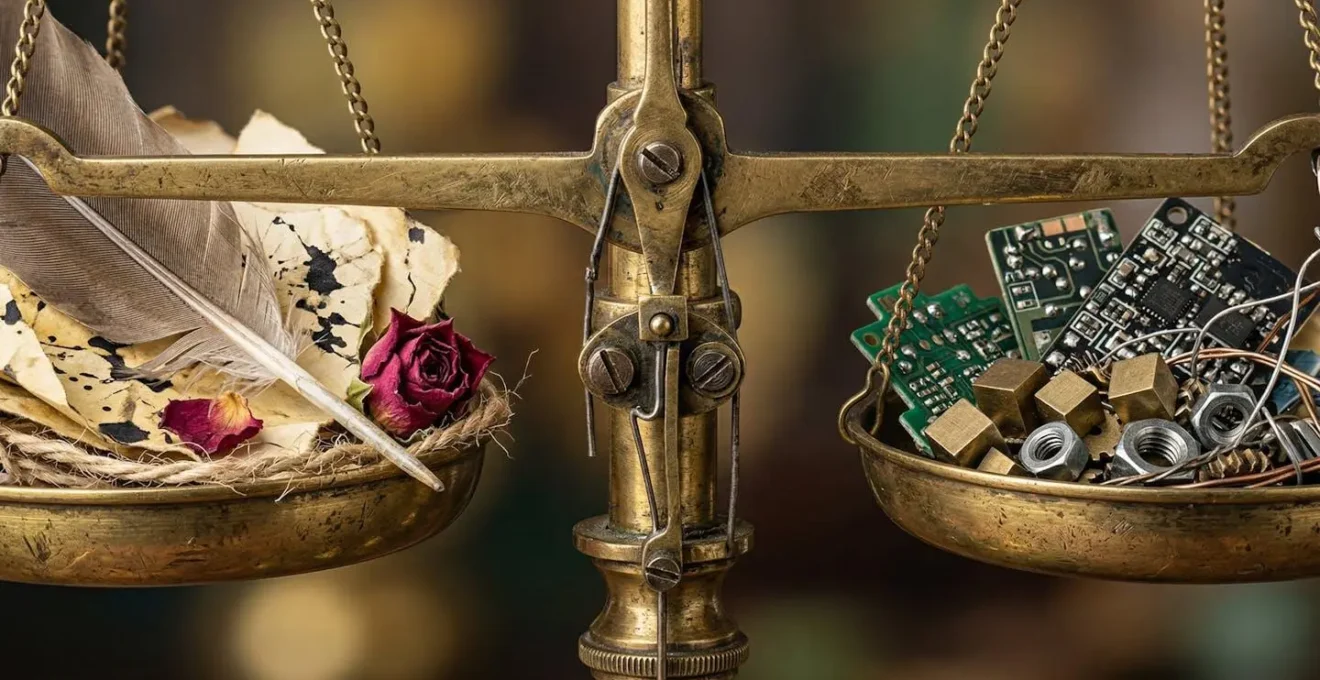 Vue macro d'une balance artisanale avec éléments symbolisant créativité humaine et efficacité algorithmique