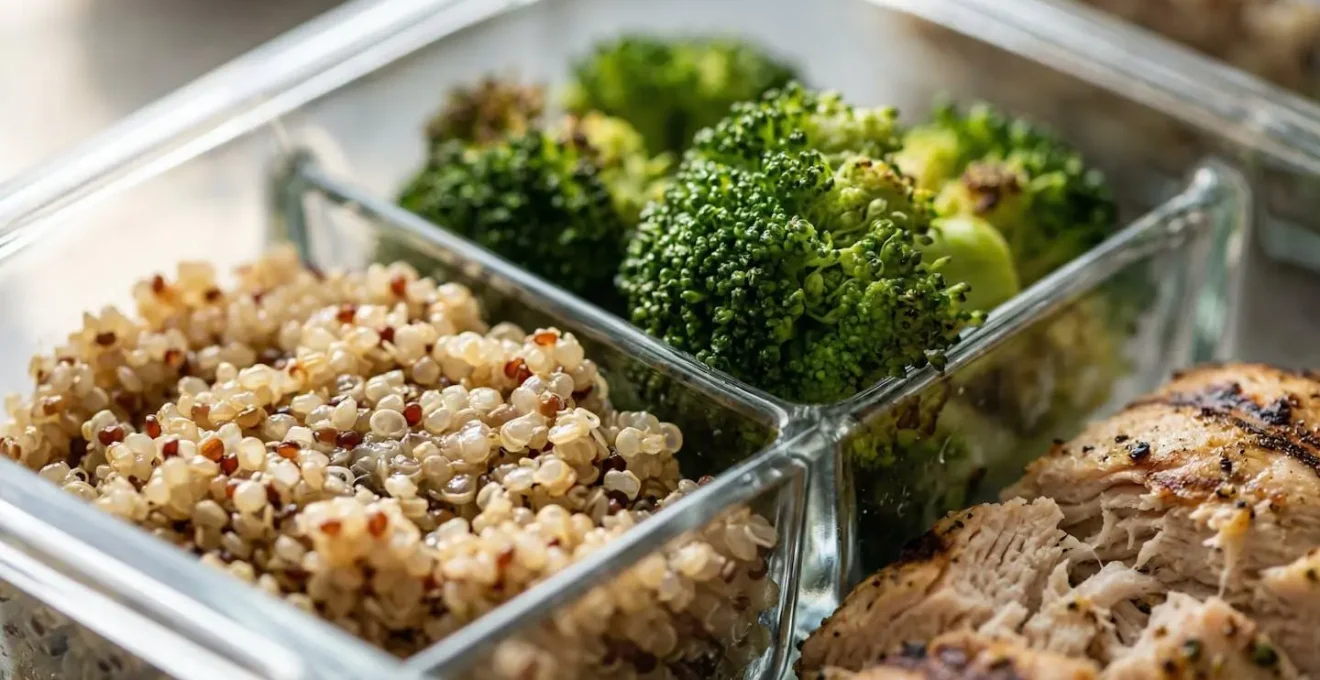 Vue macro d'une assiette compartimentée montrant la répartition idéale des aliments pour un repas équilibré