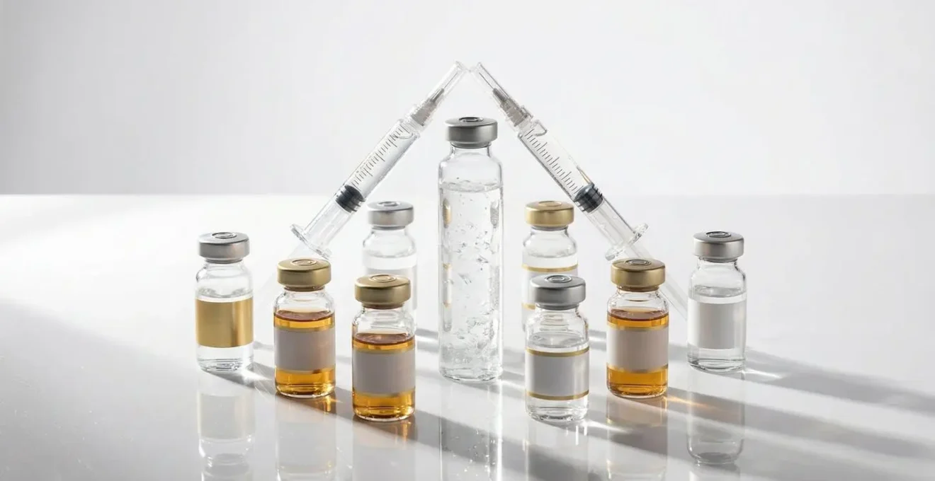Seringues et flacons de produits de comblement en médecine esthétique disposés artistiquement