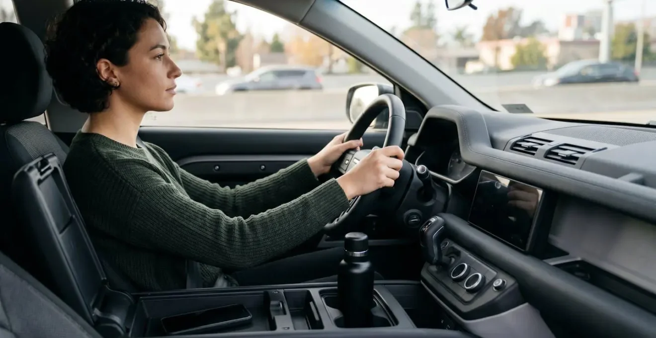Vue latérale d'un conducteur regardant droit devant avec concentration malgré système automatique