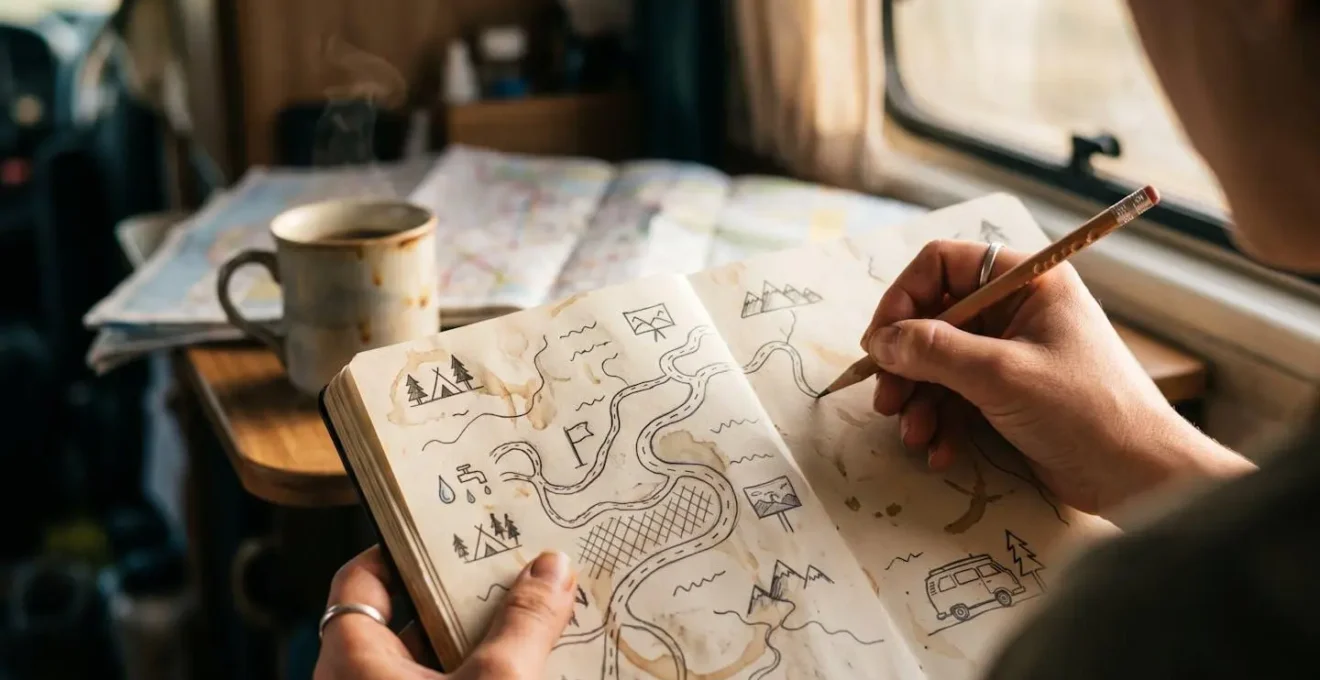 Carnet de voyage ouvert avec itinéraire dessiné à la main sur une table de van
