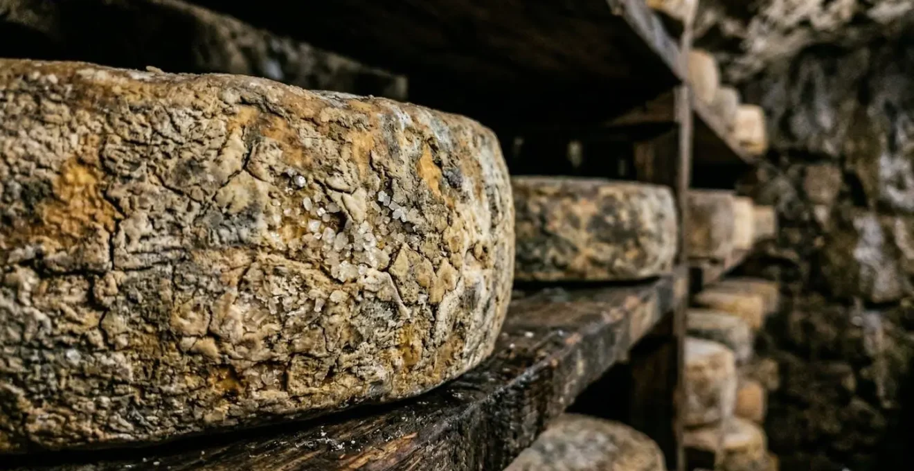 Cave d'affinage traditionnelle avec fromages sur étagères en bois