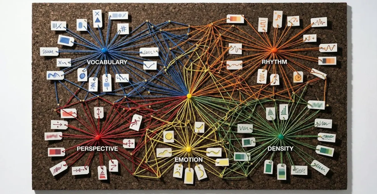 Carte mentale visuelle montrant les dimensions d'une voix de marque avec des exemples concrets