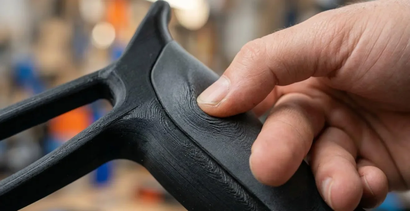 Gros plan sur une main testant la texture et l'ergonomie d'une poignée imprimée en 3D multi-matériaux