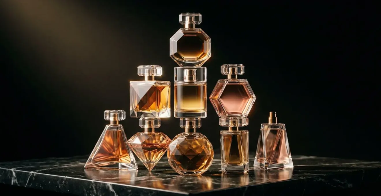 Pyramide de flacons de parfum luxueux avec reflets dorés sous une lumière dramatique
