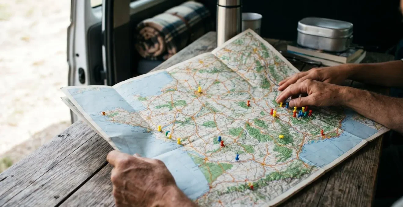 Mains tenant une carte routière française avec des épingles marquant des spots de bivouac
