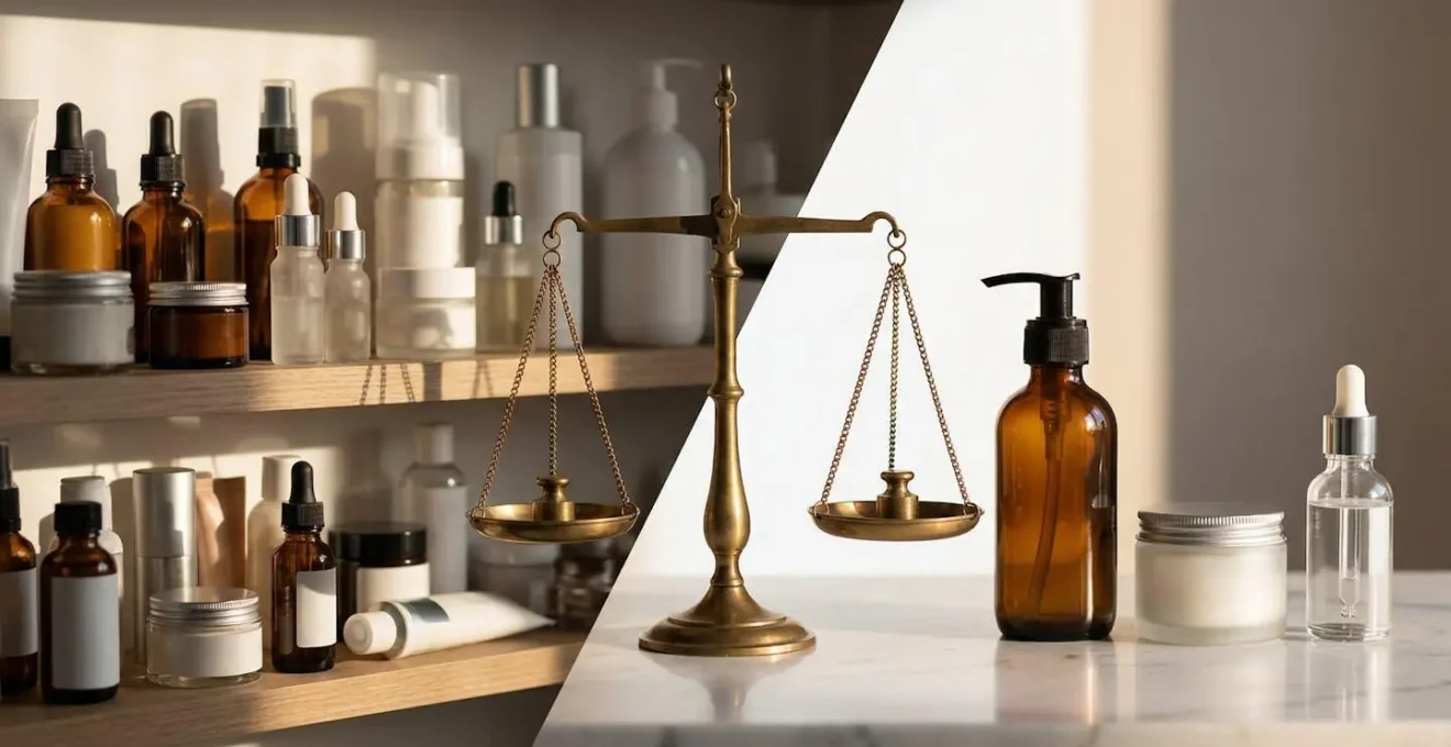 Application de la règle des 80/20 pour simplifier sa routine cosmétique en passant d'une étagère encombrée à deux ou trois produits essentiels.