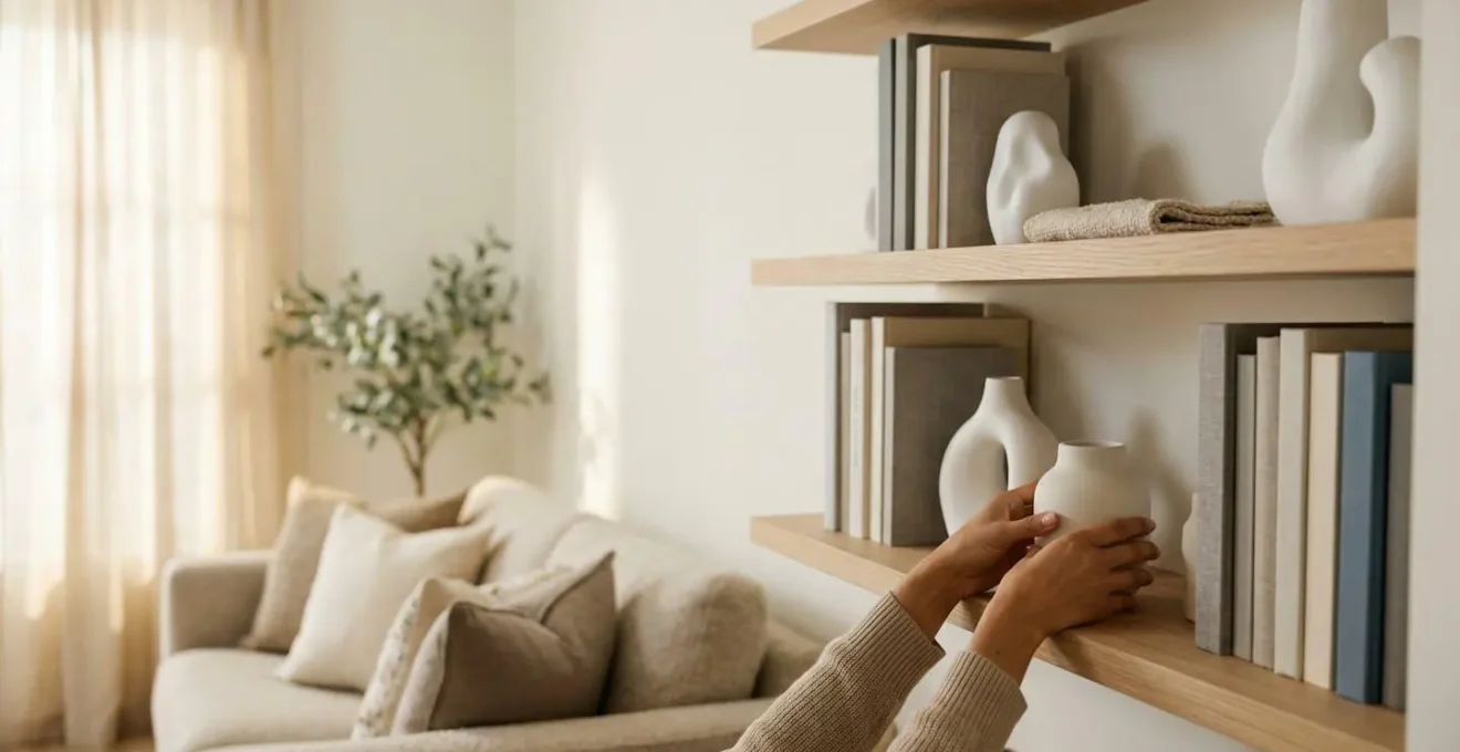 Salon dépersonnalisé avec décoration neutre et mobilier épuré pour faciliter la projection des acheteurs