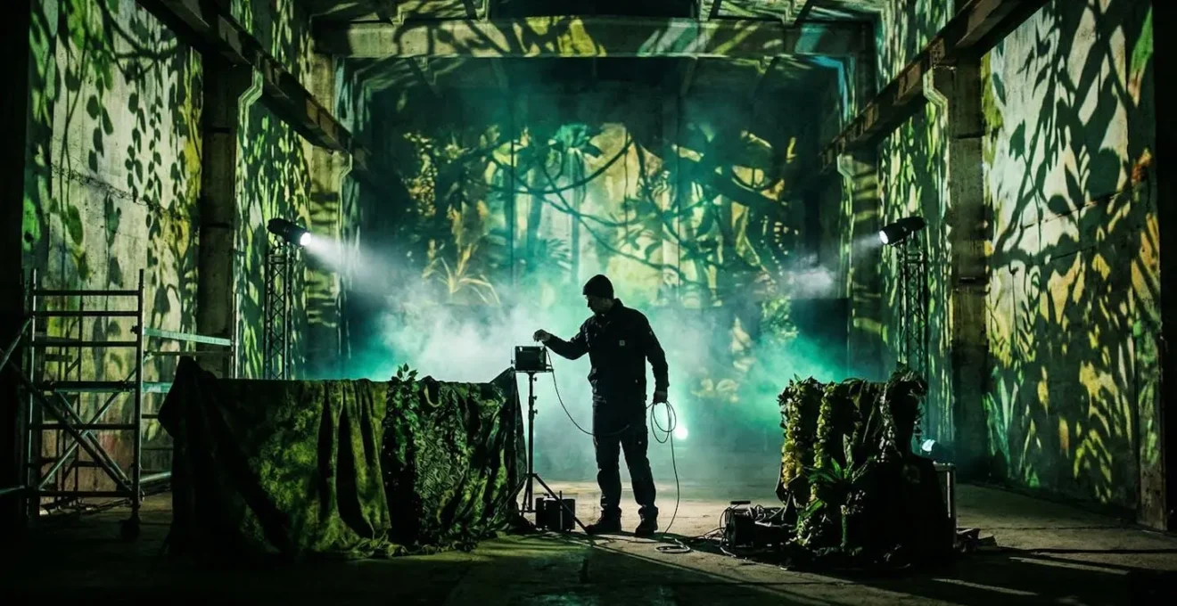 Salle transformée en environnement jungle avec jeux de lumières et projections végétales