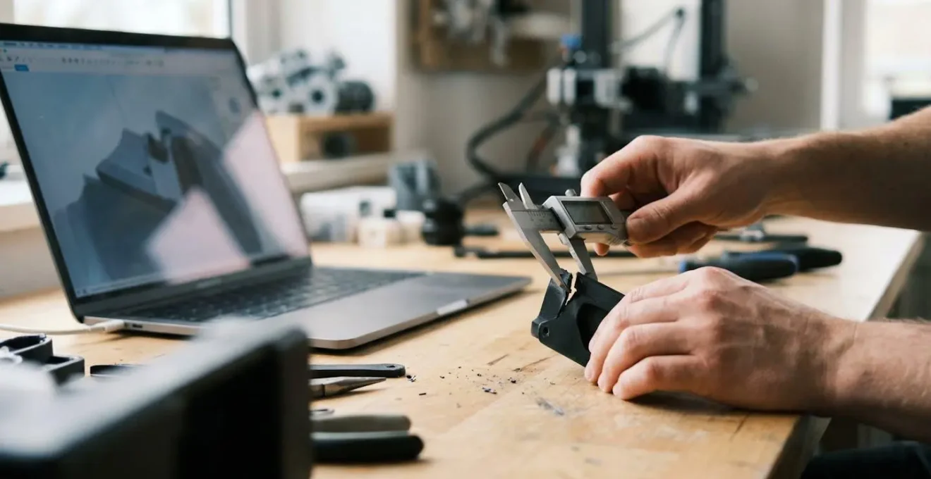 Mains modélisant une pièce simple sur ordinateur avec un pied à coulisse posé à côté