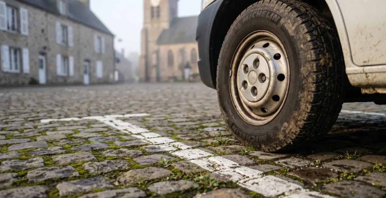 Van discret garé sur une place de village au petit matin avec église en arrière-plan