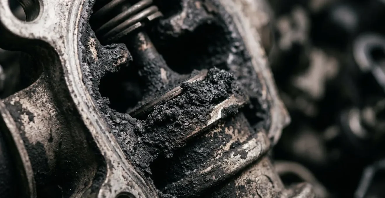 Vue macro d'une vanne EGR encrassée avec dépôts de calamine noirs