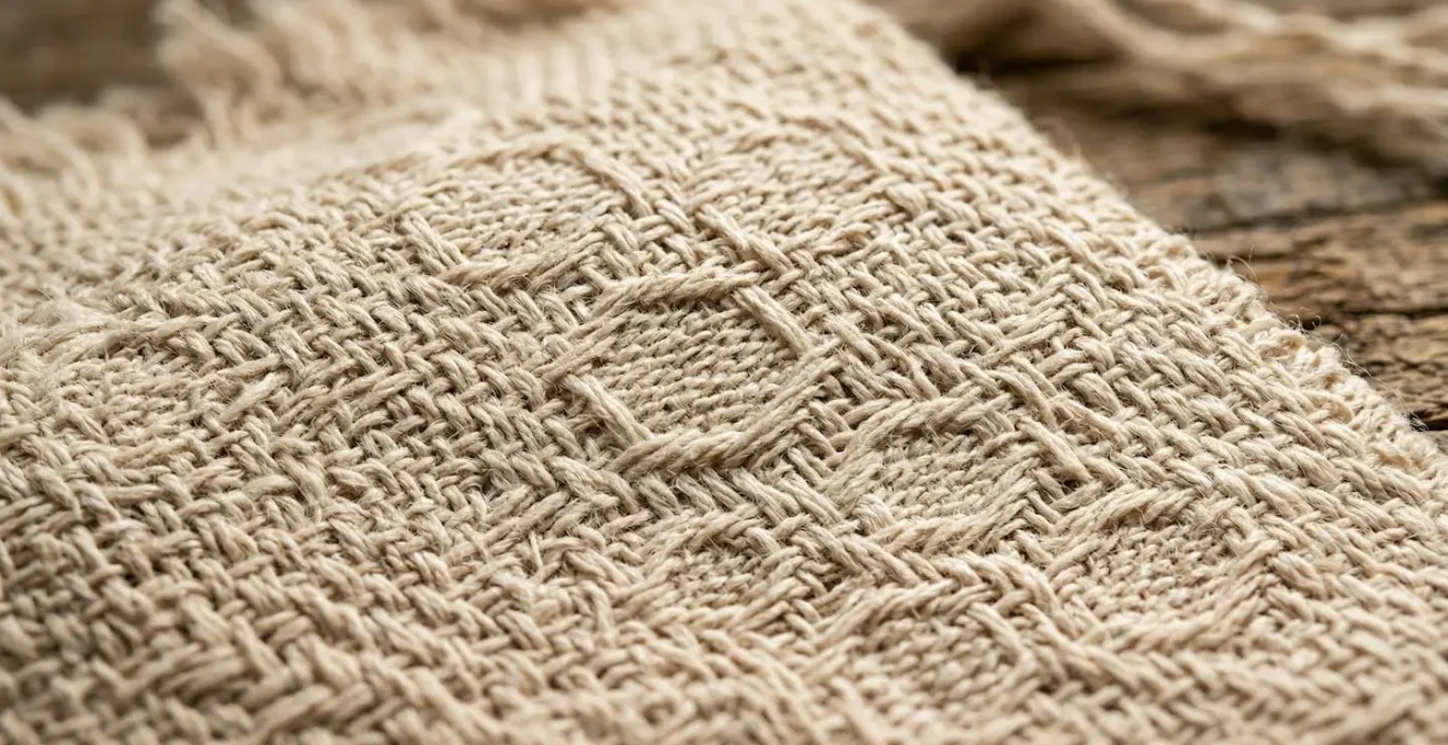 Détail macro d'étiquettes de certification textile avec trame de tissu biologique