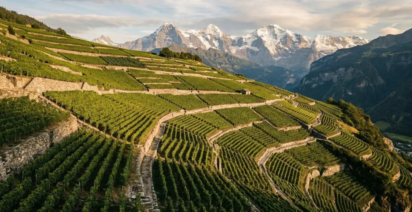 Vignoble en terrasses sur flanc de montagne alpine avec vue panoramique