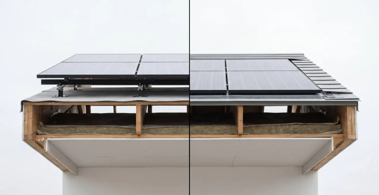 Vue en coupe comparative montrant installation en surimposition versus intégration au bâti
