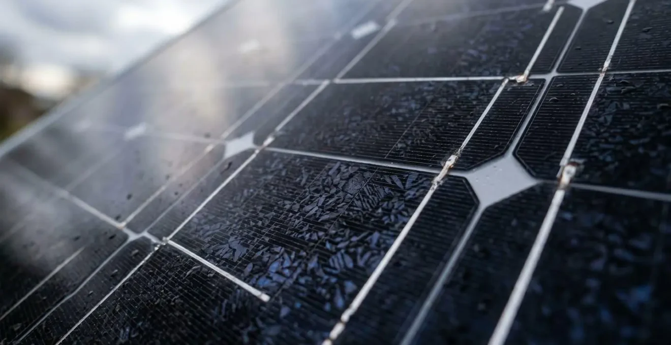 Gros plan sur panneau solaire monocristallin noir captant lumière diffuse sous ciel nuageux