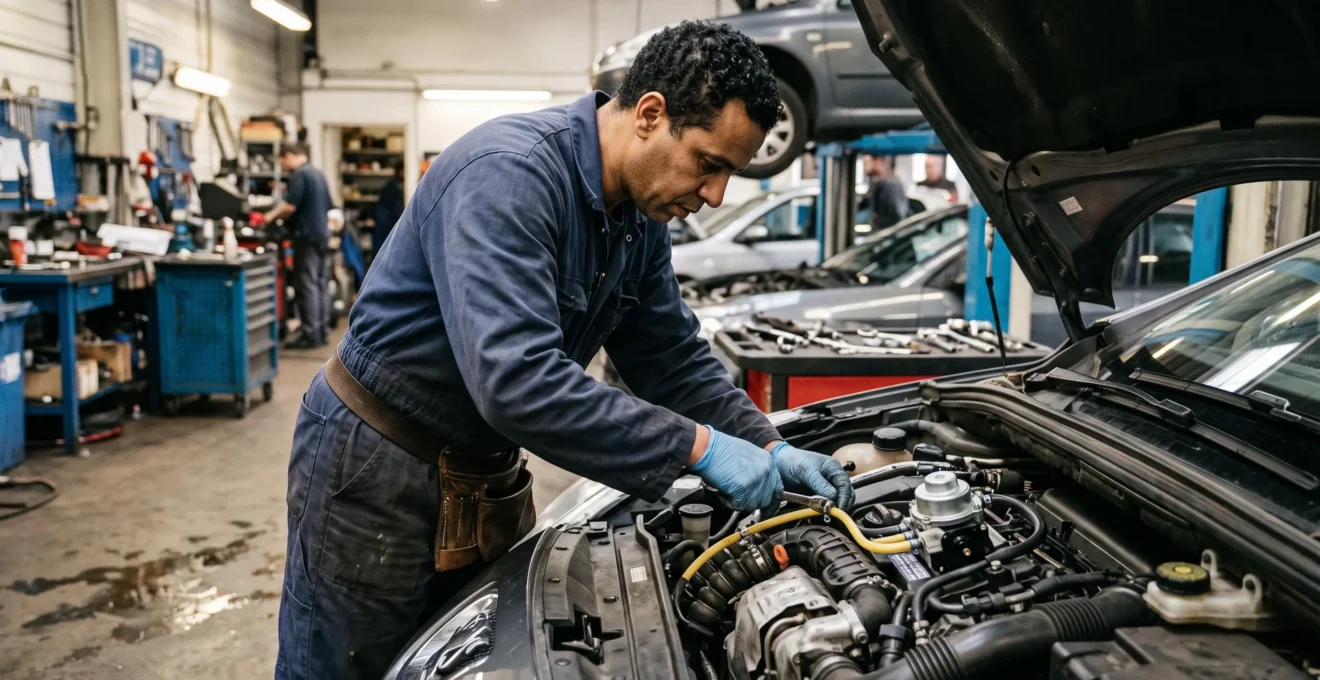 Technicien automobile installant un système GPLc sous le capot d'un véhicule dans un atelier professionnel