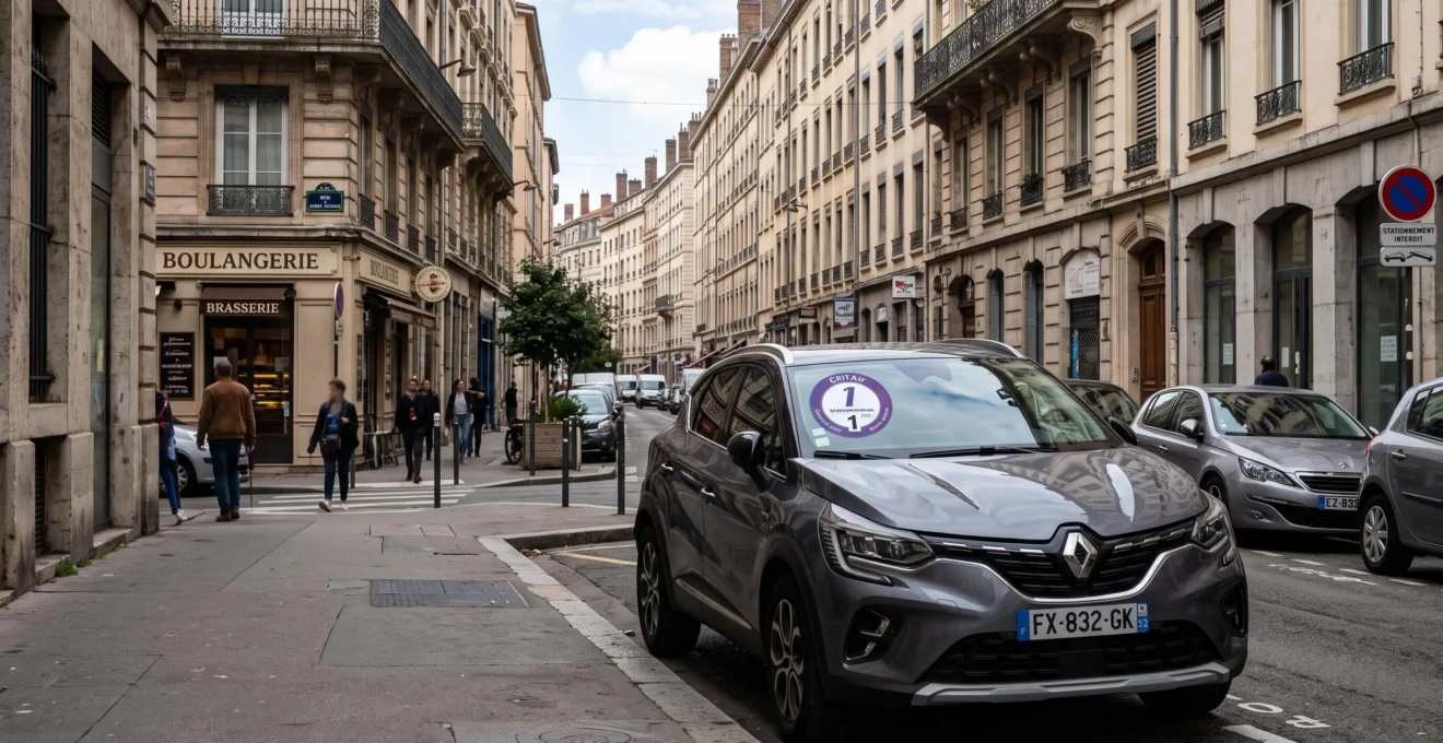 Véhicule équipé pour le GPLc avec vignette Crit'Air 1 visible sur le pare-brise, garé dans une rue urbaine française