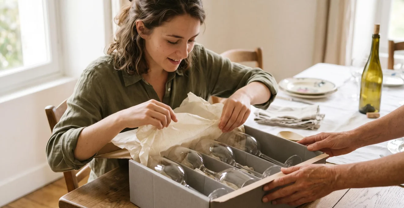 Une femme déballe un coffret de verres à vin rouge posé sur une table en bois dans une salle à manger lumineuse.