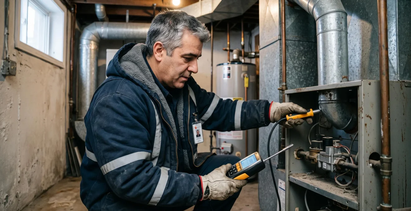 Un entrepreneur en chauffage examine une vieille fournaise au gaz avec un analyseur de combustion dans un sous-sol d'immeuble.