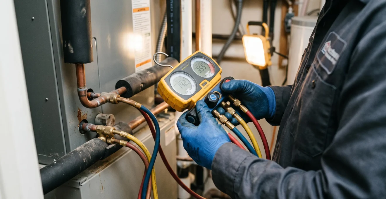 Gros plan sur un technicien raccordant un manomètre numérique aux ports de service d'une thermopompe neuve.