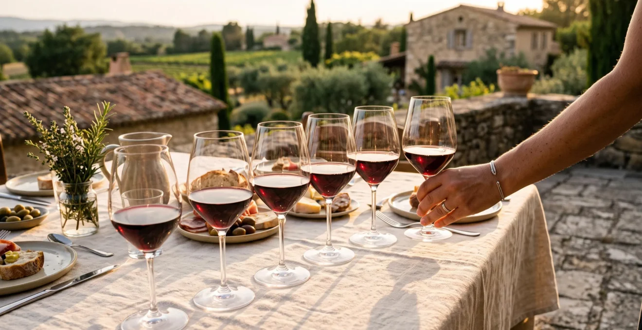 Une table d'hôtes dressée en terrasse avec six verres de vin rouge rougeoyant à la lumière dorée du soir.